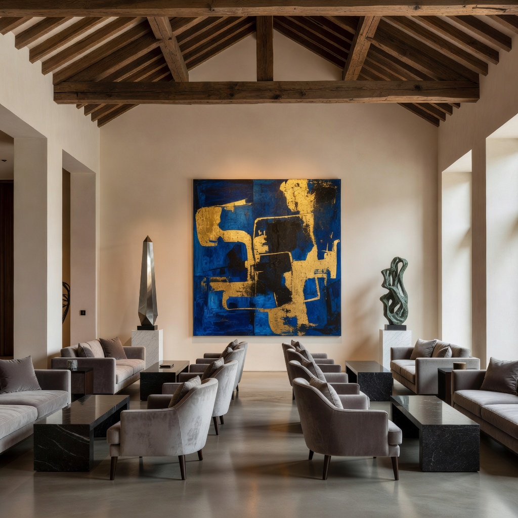Architectural detail of a hotel lounge with high ceilings and sophisticated art