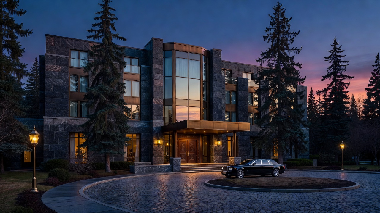 Cinematic view of a luxury Canadian hotel facade at twilight