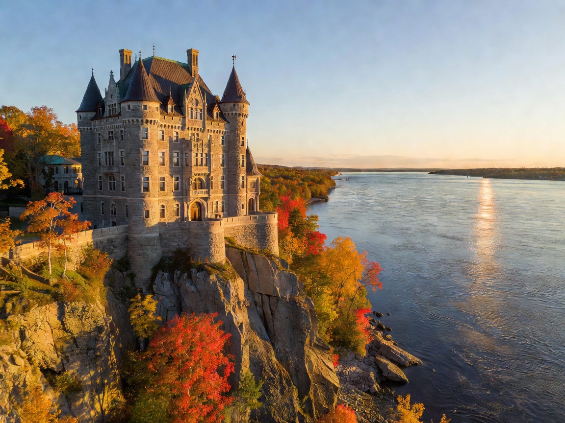 Historic castle-style luxury hotel overlooking a vast river in Quebec