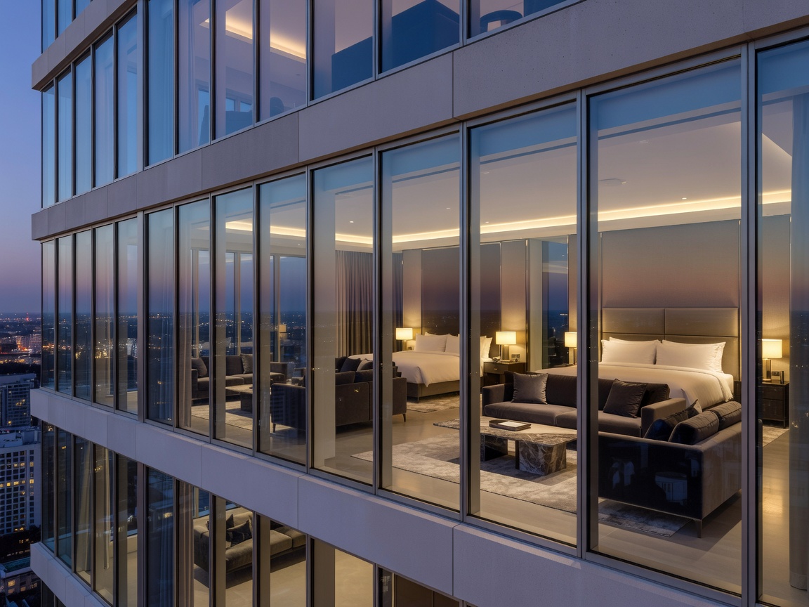Modern high-rise hotel suites with floor-to-ceiling glass windows