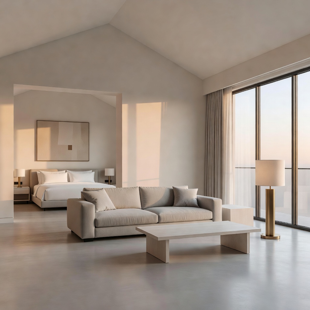 Spacious luxury hotel suite with minimalist design and warm natural light