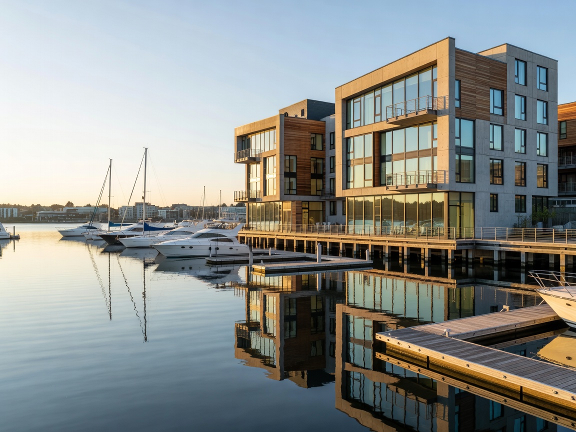 West Coast contemporary hotel architecture beside a calm marina in Richmond